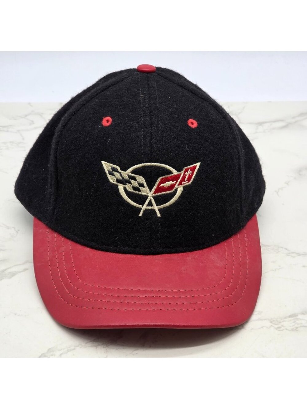 Vintage Corvette Racing Wool Baseball Cap Mens Black Leather Brim Strapback Hat